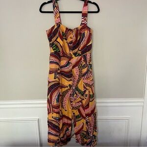 Farm Rio Linen vibrant banana fruit tropical print midi sleeveless dress M READ